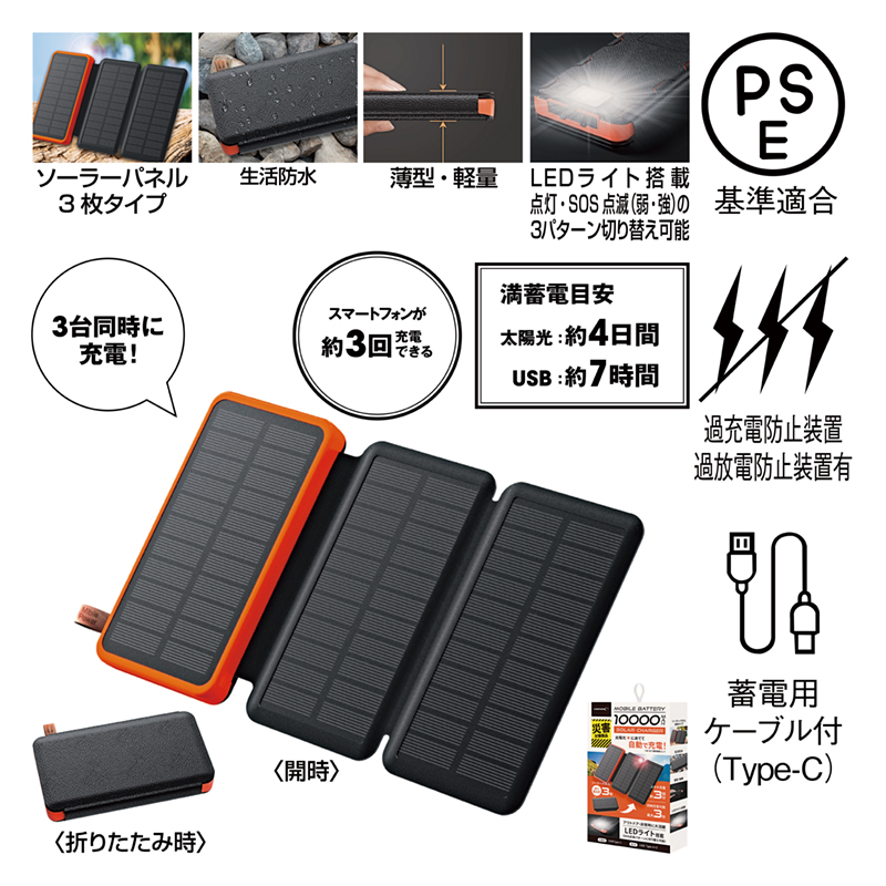 LEDライト搭載3面ソーラーモバイルバッテリー10000